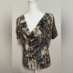 Heart Soul Leopard Printed Sequin Cowl-neck Top Short Sleeve Sweater Small. NWT